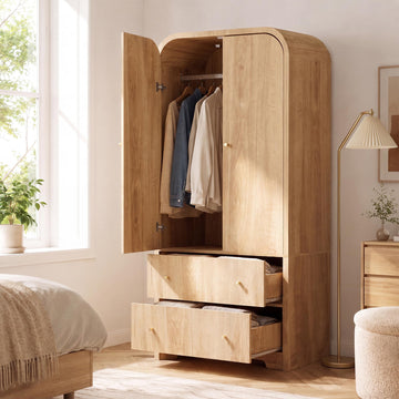 Arched Armoire Wardrobe Closet, 70" Wooden Wardrobe Cabinet with 2 Drawers, Hanging Rod, 2 Doors Clothing Storage