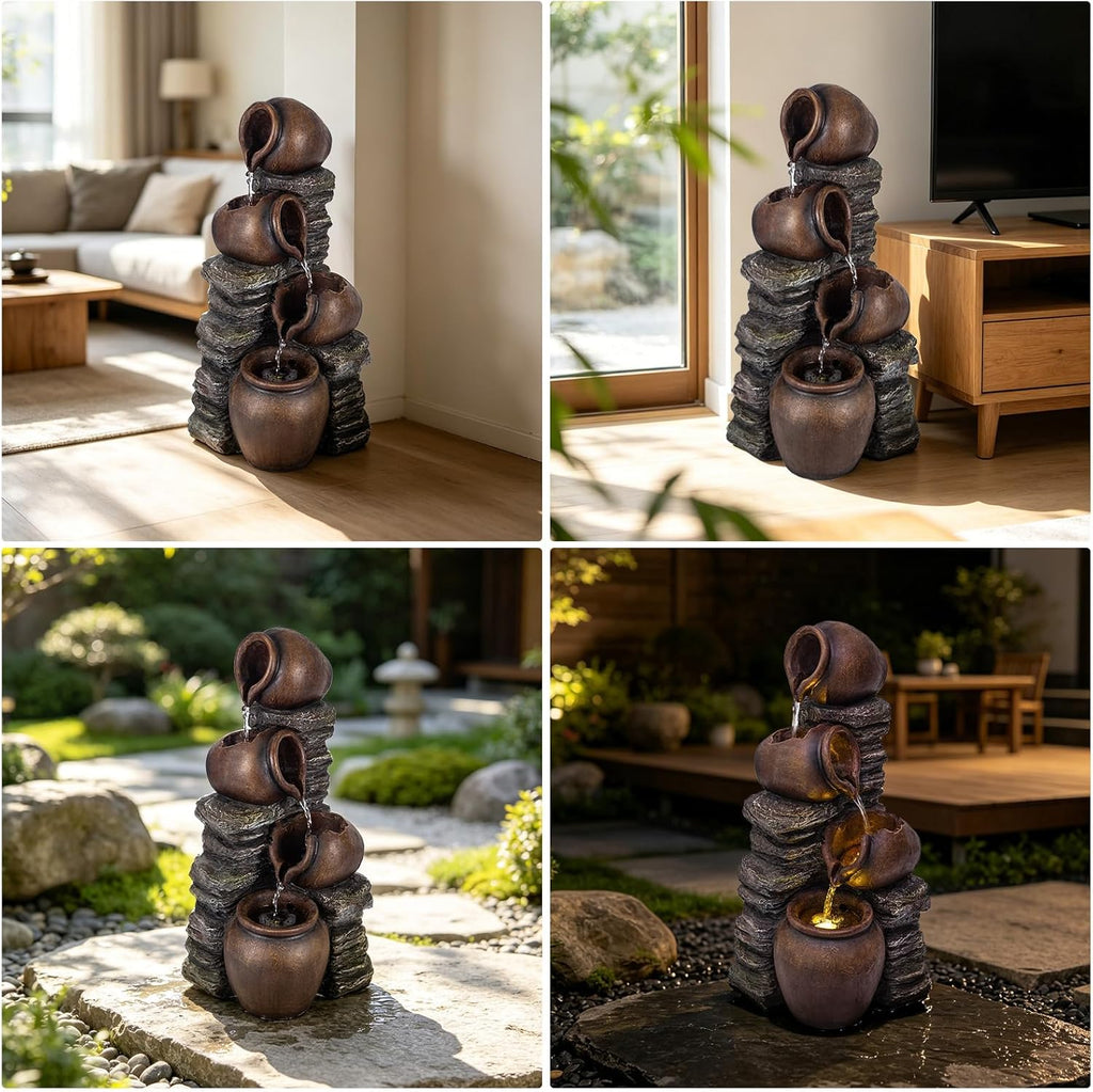 24.8" H Rock & Jar Cascading Water Fountain Outdoor/Indoor, Floor Standing Waterfall Fountain