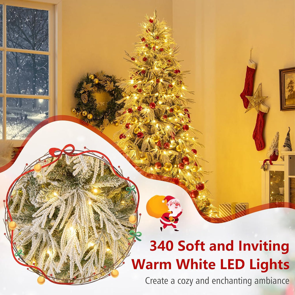 Pre-Lit Snow Flocked Christmas Tree, Artificial Hinged Xmas Tree with 820 PE & PVC Mixed Branch Tips, 340 Warm