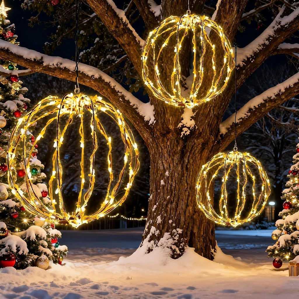 Set of 3 Christmas Light Balls Outdoor, 12/16/21 Inch Foldable Sphere Decor