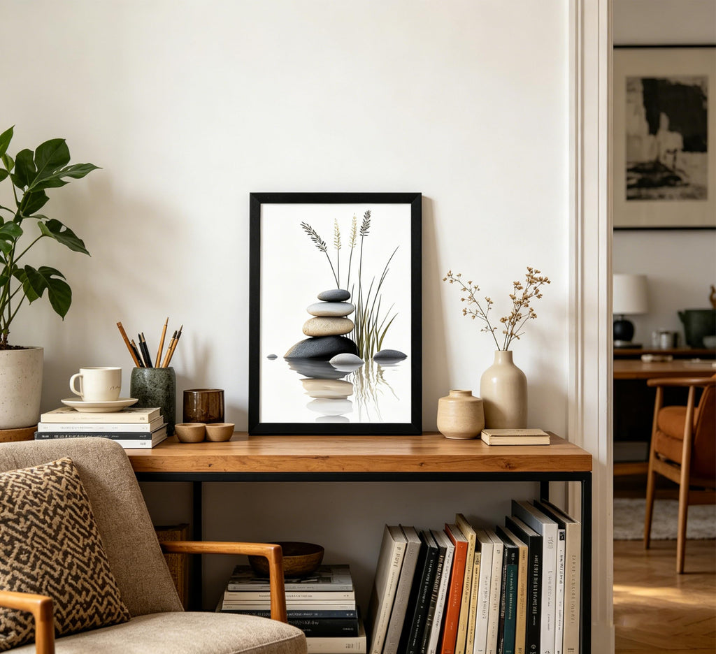 Framed Zen Stone Stack Wall Art, Black White Beige Balance Rocks with Grass Reed, Minimalist Water Reflection Canvas