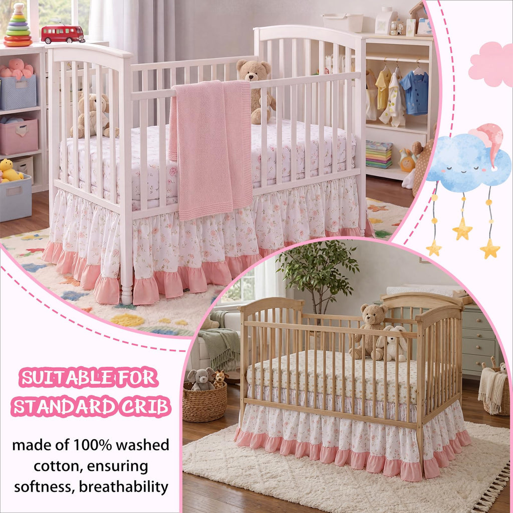 Pink Crib Skirt for Baby Girls Boys, 100% Washed Cotton Bed Skirt