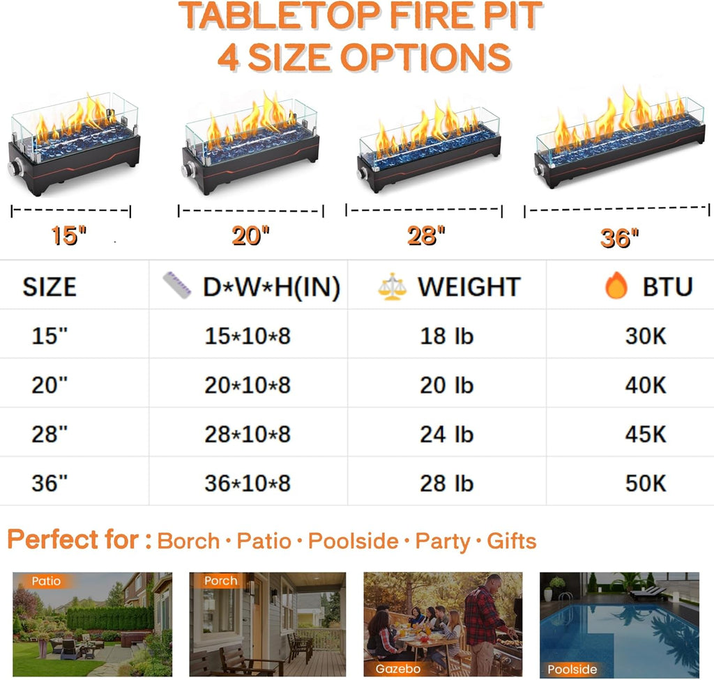Tabletop Fire Pit,28 Inch Propane Fire Pit Table,45000 BTU Table Top Firepit with Glass Wind Guard,Stainless Steel