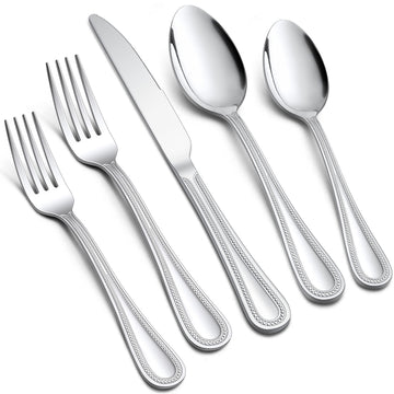 60-Piece Silverware Set for 12, Stainless Steel Flatware Cutlery Set with Pearled Edge, Include Forks Spoons and