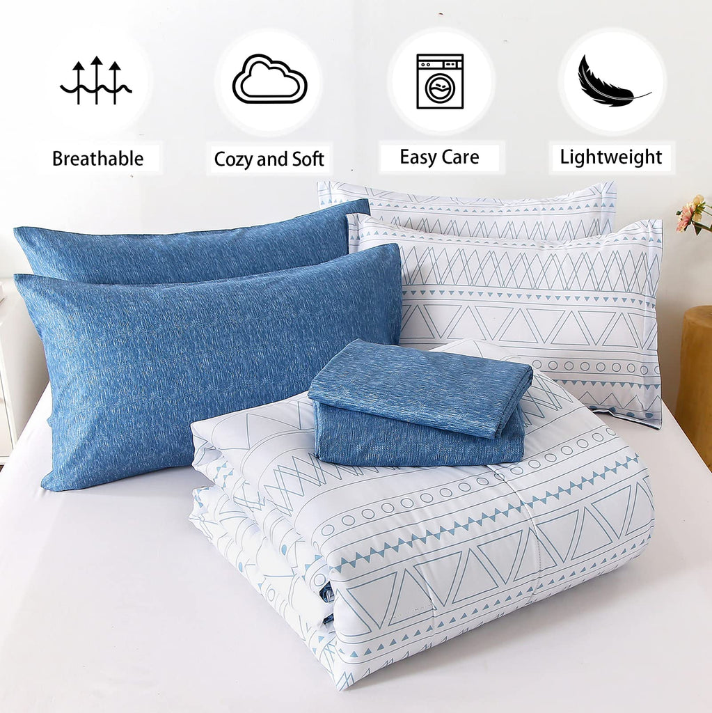 Blue Boho Bed in a Bag King, 7 Pieces Navy Comforter Set Queen Geometric Comforter Bedding Set Reversible Soft