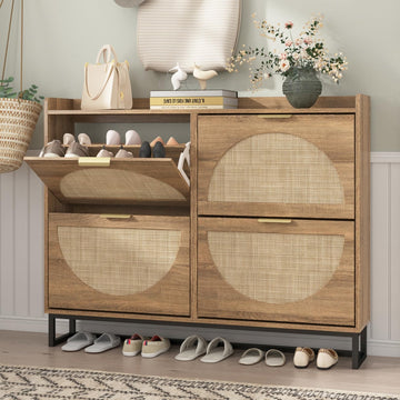 Large Rattan Shoe Storage Cabinet with 4 Flip Drawers, Freestanding Shoe Organizer with Metal Legs, Hidden Golden