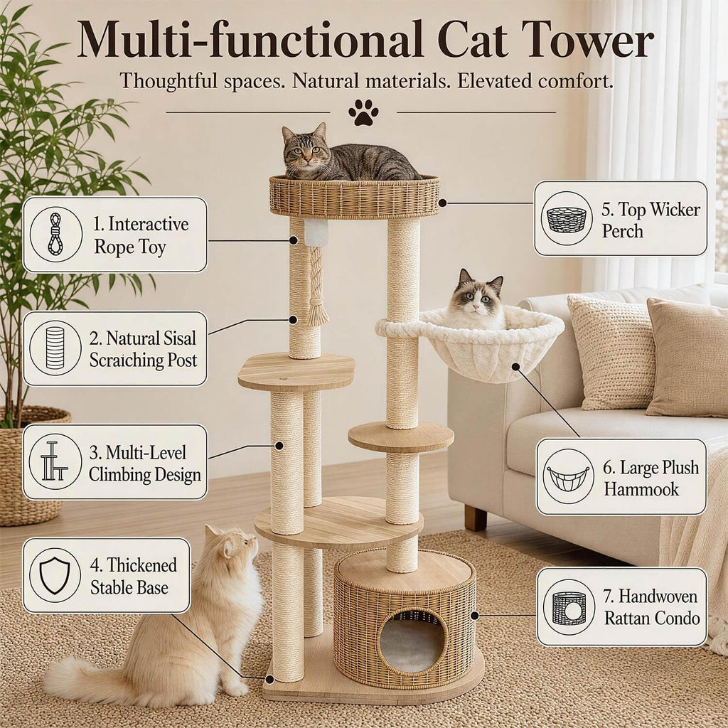 53'' Solid Wooden Cat Tree for Indoor Cats, Modern Large Cat Tower