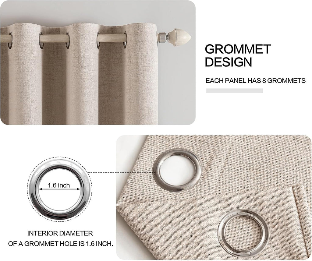 100% Blackout Linen Textured Curtains for Bedroom Solid Thermal Insulated Natural Beige Grommet Room Darkening
