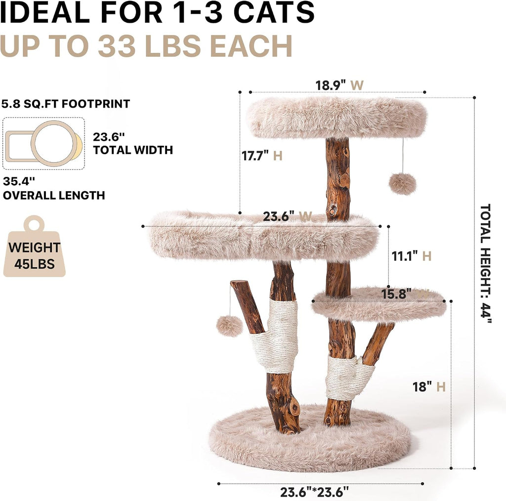 Maine Coon Cat Tree for Large Cats, Solid Wood Cat Tower with Removable Cushions and Sisal Scratching Posts, Modern