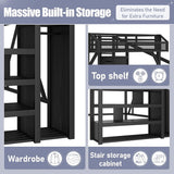 Queen Loft Bed Frame with Storage Stairs, Beside Shelf & Wardrobe, Metal Queen Loft Bed with LED Light & USB Ports
