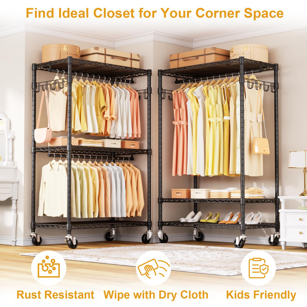 P1 Rolling Clothes Rack, Portable Wardrobe Closet Holds 500lbs