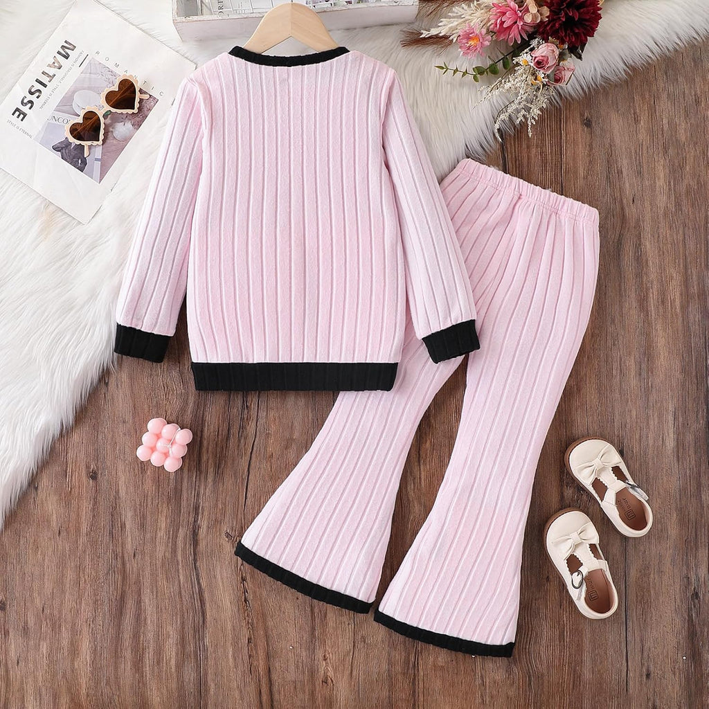 Toddler Girls Clothes Ribbed Color Block Pullover Tops + Flare Pants Set Fall Outfits