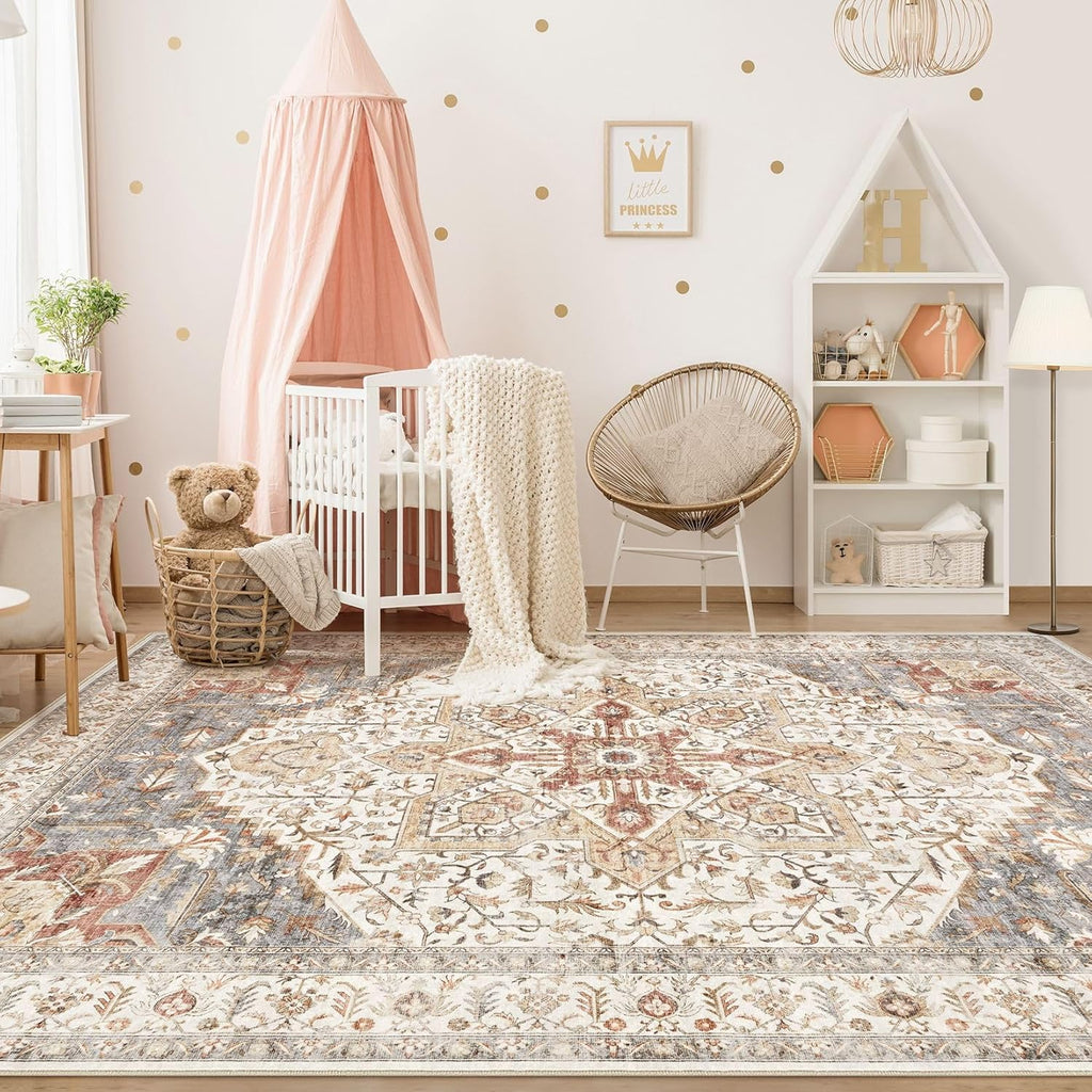 Area Rug Living Room Rugs - 10x14 Washable Boho Rug Vintage Oriental Distressed Farmhouse Large Thin