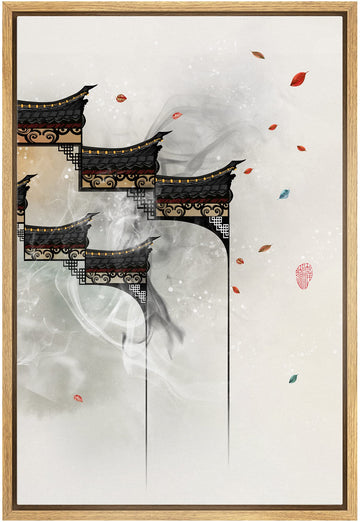 Framed Canvas Print Wall Geometric Chinese Style Leaves & Architecture Nature Wilderness Illustrations Modern Rustic