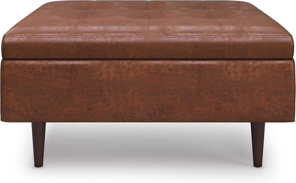 Sienna 33" Wide Linen Look Fabric Storage Ottoman in Dove Grey | Distressed saddle brown, mid-century modern ottoman