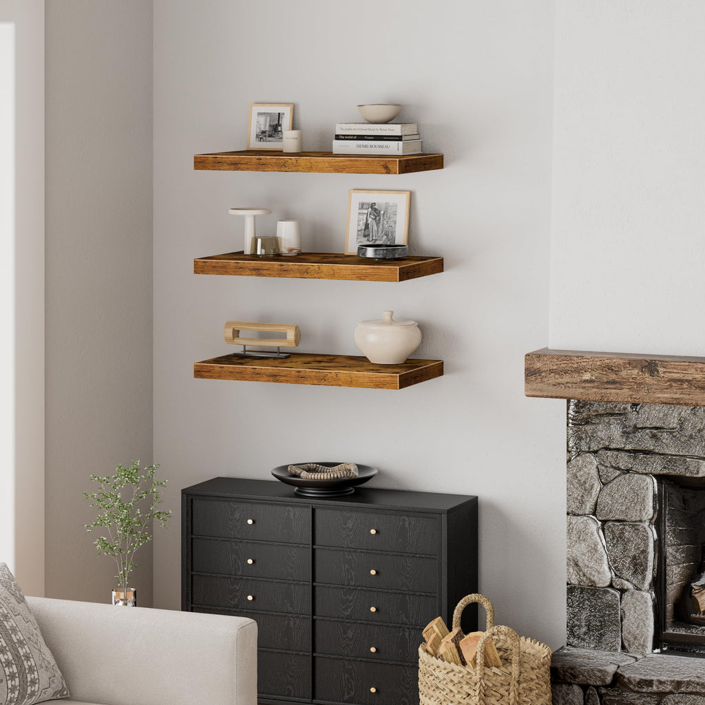 12" Deep Floating Shelves for Wall (Brown, Set of 3, 23.6" x 12")