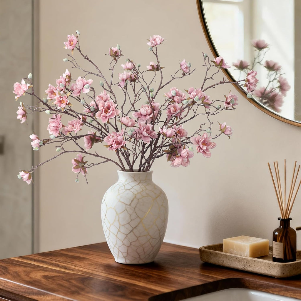 3PCS Artificial Magnolia Flowers Stems for Spring Decoration, Faux Pink Magnolia Branches with Buds, 34.5" Long Stems
