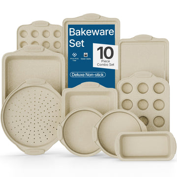 Kitchen Oven Baking Pans - Nonstick Gray Coating, Carbon Steel Bakeware Set with White Silicone Handles, Commercial