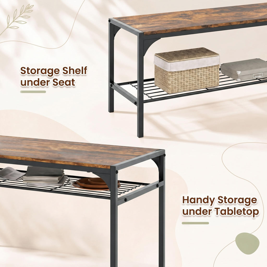 Dining Table Set for 4 with Bench & 2 Chairs, Storage Racks