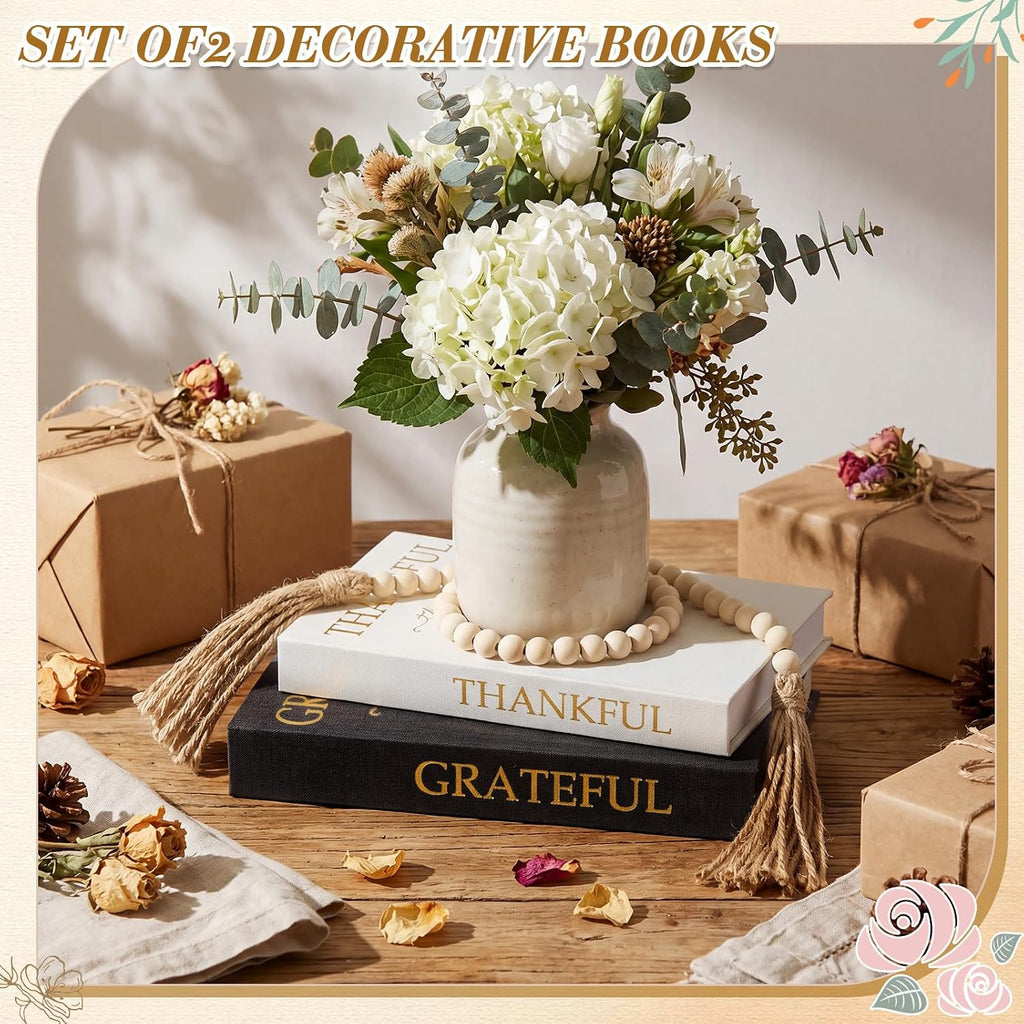 Linen Decorative Books with Wooden Beaded Garland Tassel Elegant Linen Books Aesthetic Gold Foil Fake Book - Set of 2