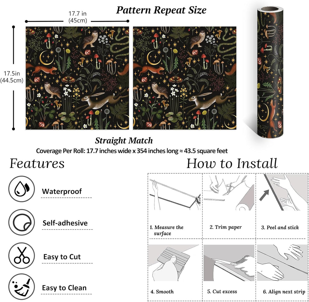 Black Woodland Mushroom Peel and Stick Wallpaper Boho Fairy Forest Wallpaper for Kids Room Nursery 17.7''x354''