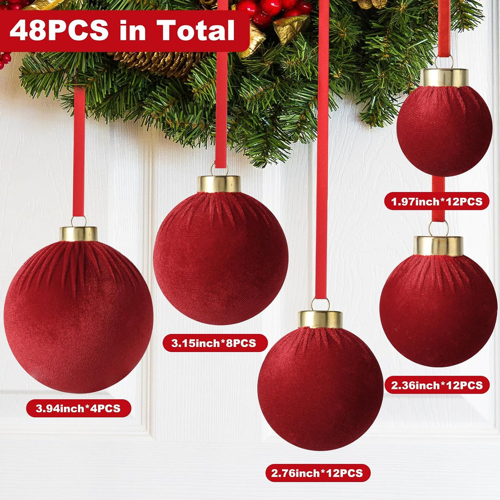 Velvet Christmas Balls Bulk, Flocked Christmas Tree Ornaments(Red) - Set of 48