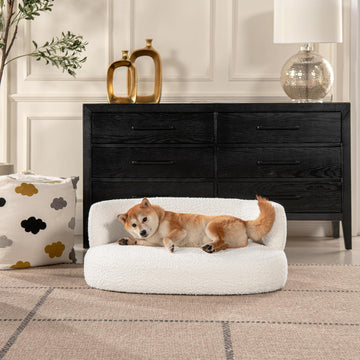 36" Curved Dog Sofa Bed in Ivory White Boucle, Sofa Beds