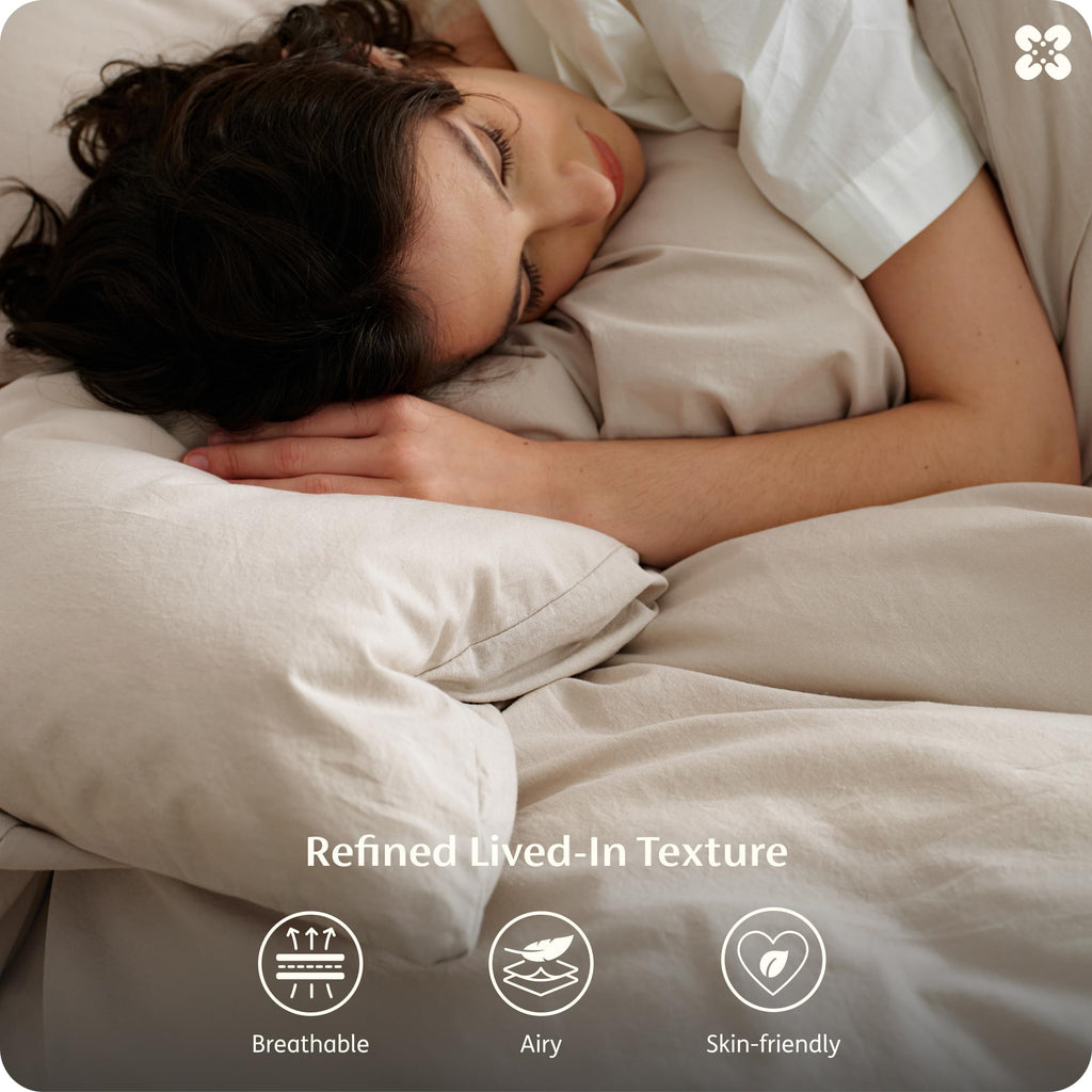 PureWoven 100% Washed Cotton Duvet Cover Set Queen, Oatmeal