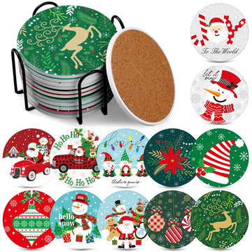 12 Pcs Ceramic Coasters with Holder, Cork Backing, Christmas Style