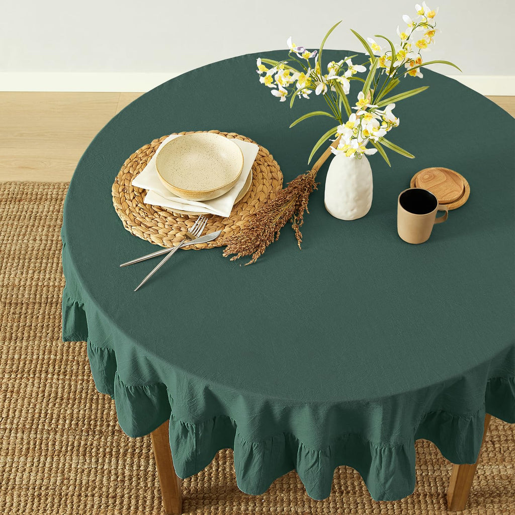 Ruffle Farmhouse Rustic Round Natural Stonewashed Cotton Tablecloth, Restaurant (60" Round, Teal Green)