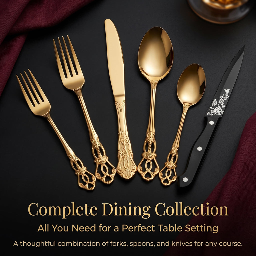 Gold Silverware Set For 8, 48-Piece Retro Royal Flatware Set for 8 with Anti-rust Silverware Steel Black Steak Knives