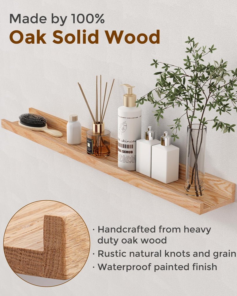 Oak Picture Ledge Shelf, 24 Inch Floating Shelves Set of 2, Solid Oak Wood Wall Shelves with Lip, Wall Decor Storage