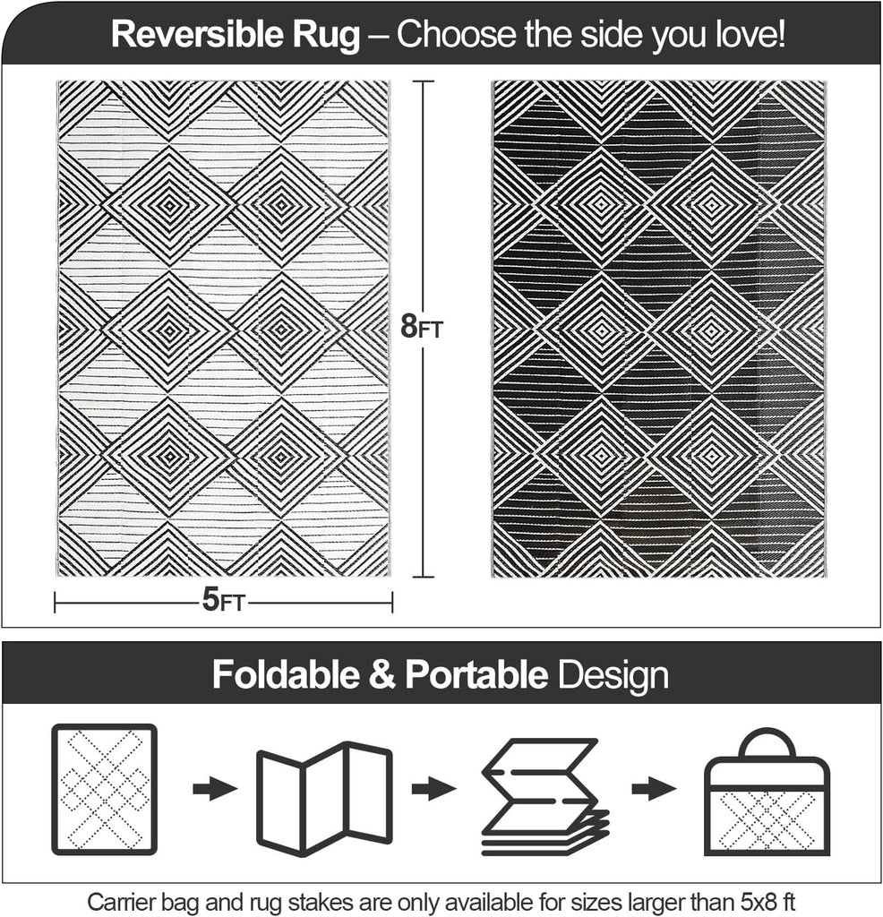 Waterproof Outdoor Rug, Foldable Reversible Plastic Straw Mat RV Deck Porch Backyard Balcony Camping Picnic