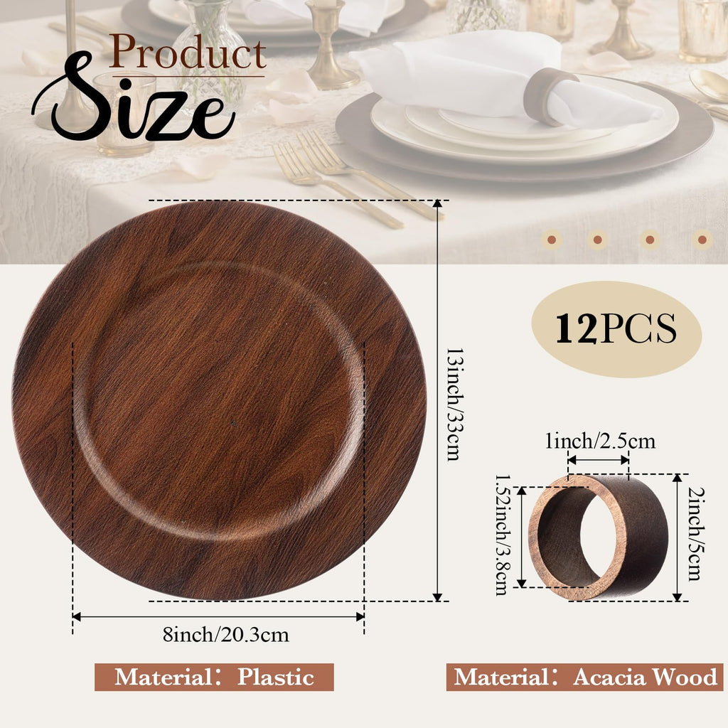 24 Pack 13" Brown Round Chargers for Dinner Plates, 12 Pcs Handmade Acacia Wood Napkin Ring, Farmhouse Faux Wood