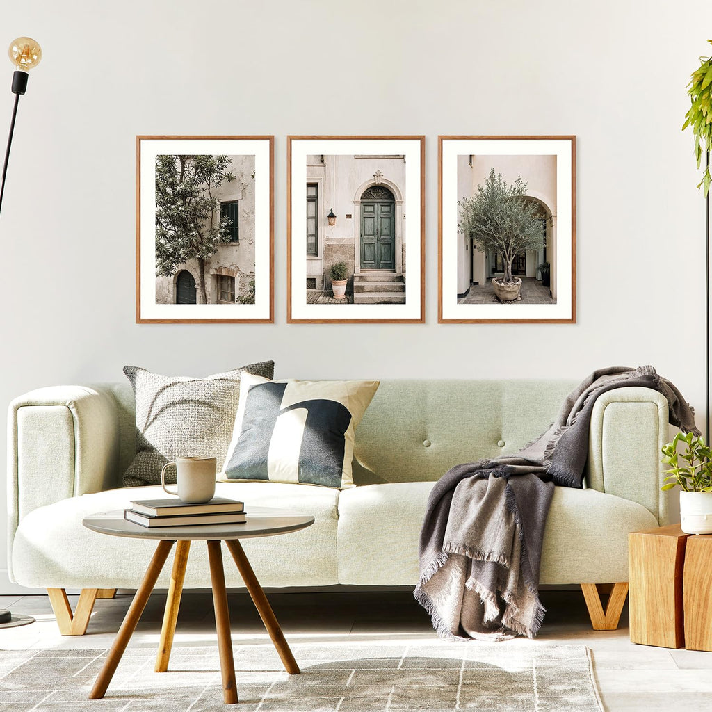 Vintage Italy City Landscape Framed Canvas Wall Set, Olive Green Tree Country Wall Decor, Modern Minimalist