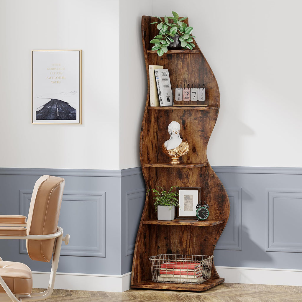 Corner Shelf, Rustic 5-Tier Wall Corner Bookshelf, Stylish Corner Small Bookcase Storage Rack Plant Stand with Unique