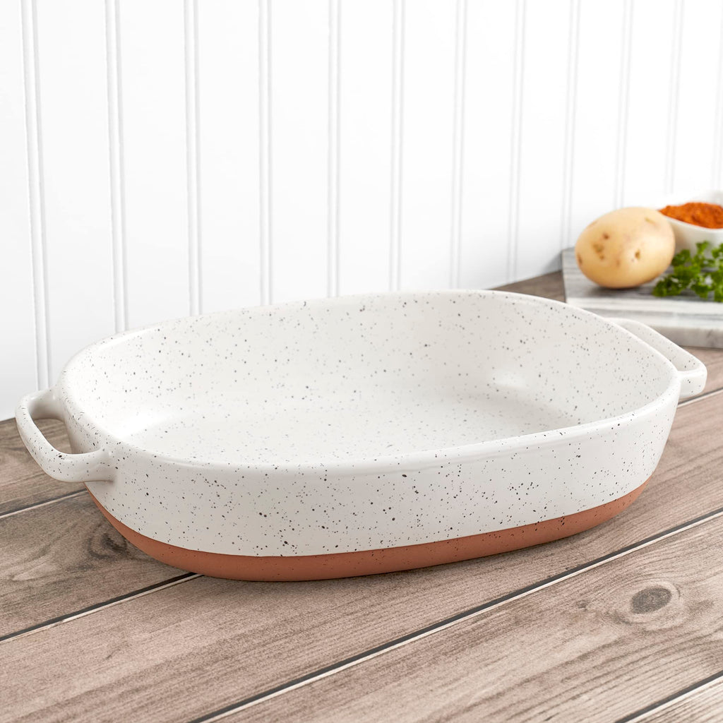 2.4 Quart Speckled White Oval Stoneware Baking Dish Casserole Pan with Handles