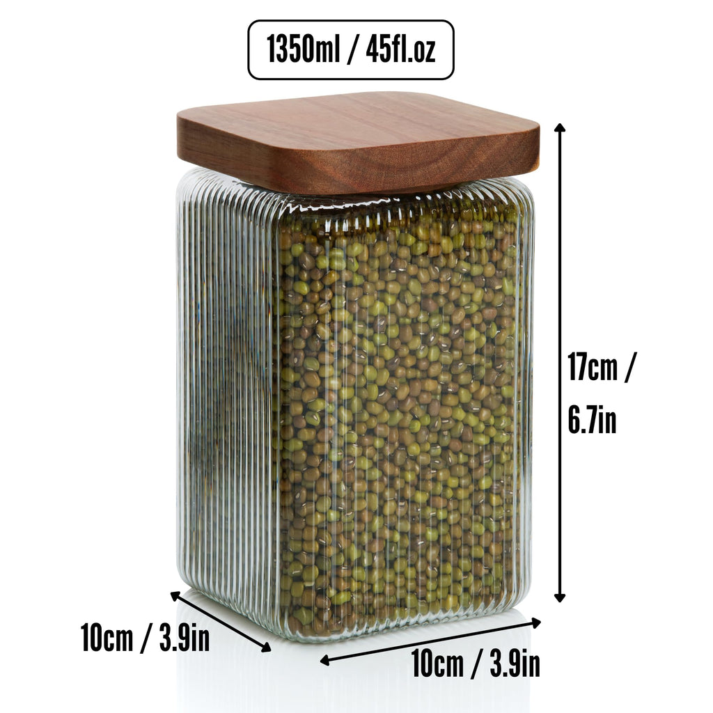 Ribbed Glass Square Jar with Wooden Lid 45fl.oz - Set of 3 | Airtight Fluted Storage Canister for Food, Pasta