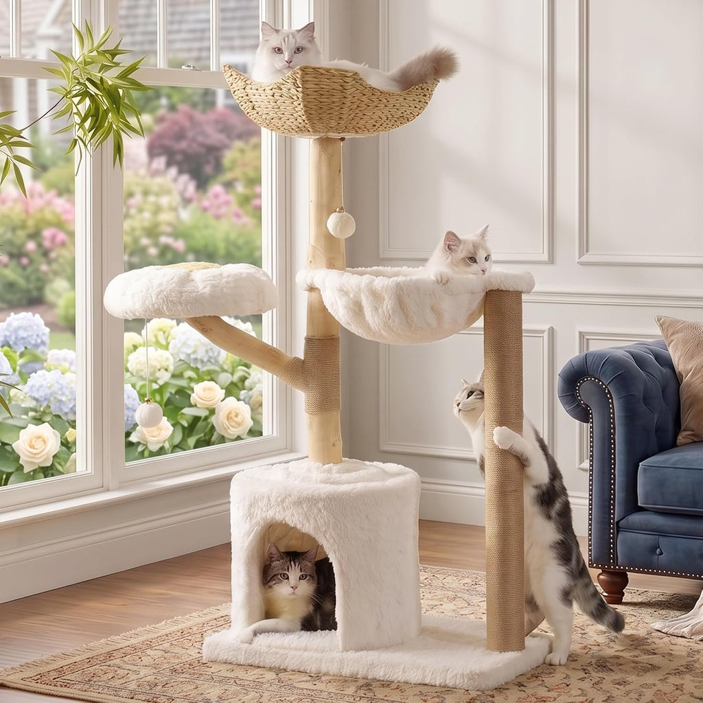 Modern Cat Tree with Hammock 48.5 Inches Cat Tower with Scratching Post, Featuring Real Wood Post, Large
