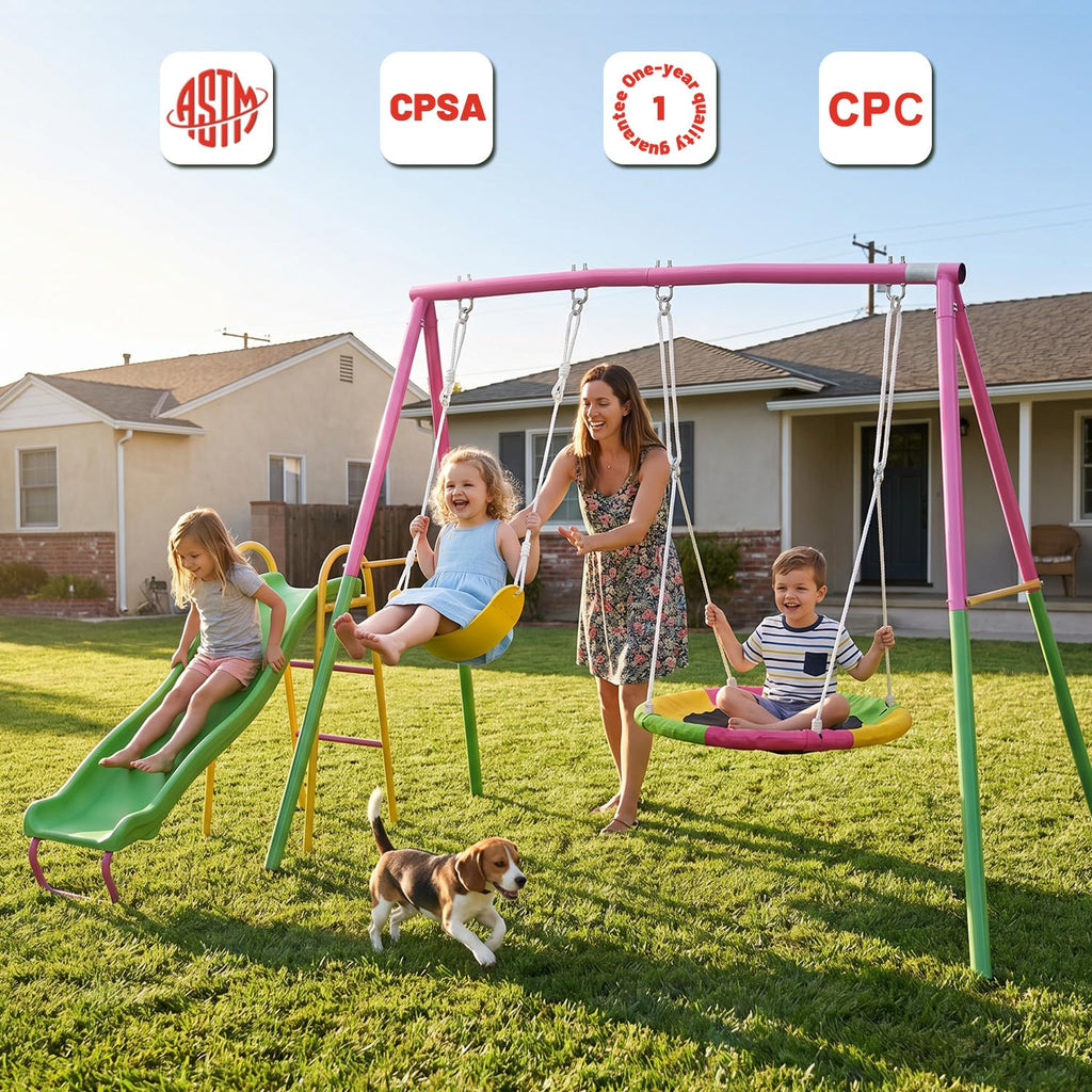 Swing Set for Backyard with Stand, Swing Heavy Duty 440lbs Metal Outdoor Swing Stand, Contain 1 Saucer & 1 Belt seat