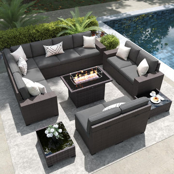 13 Pieces Outdoor Patio Furniture Set with 44" Fire Pit Table Brown Rattan Sectional Sofa Conversation Sets