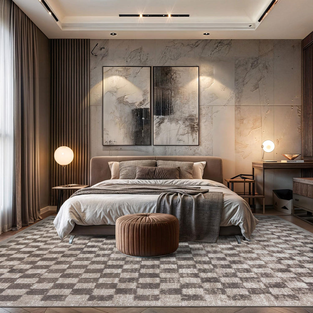 Contemporary Checkered Grid Textured Area Rug Beige