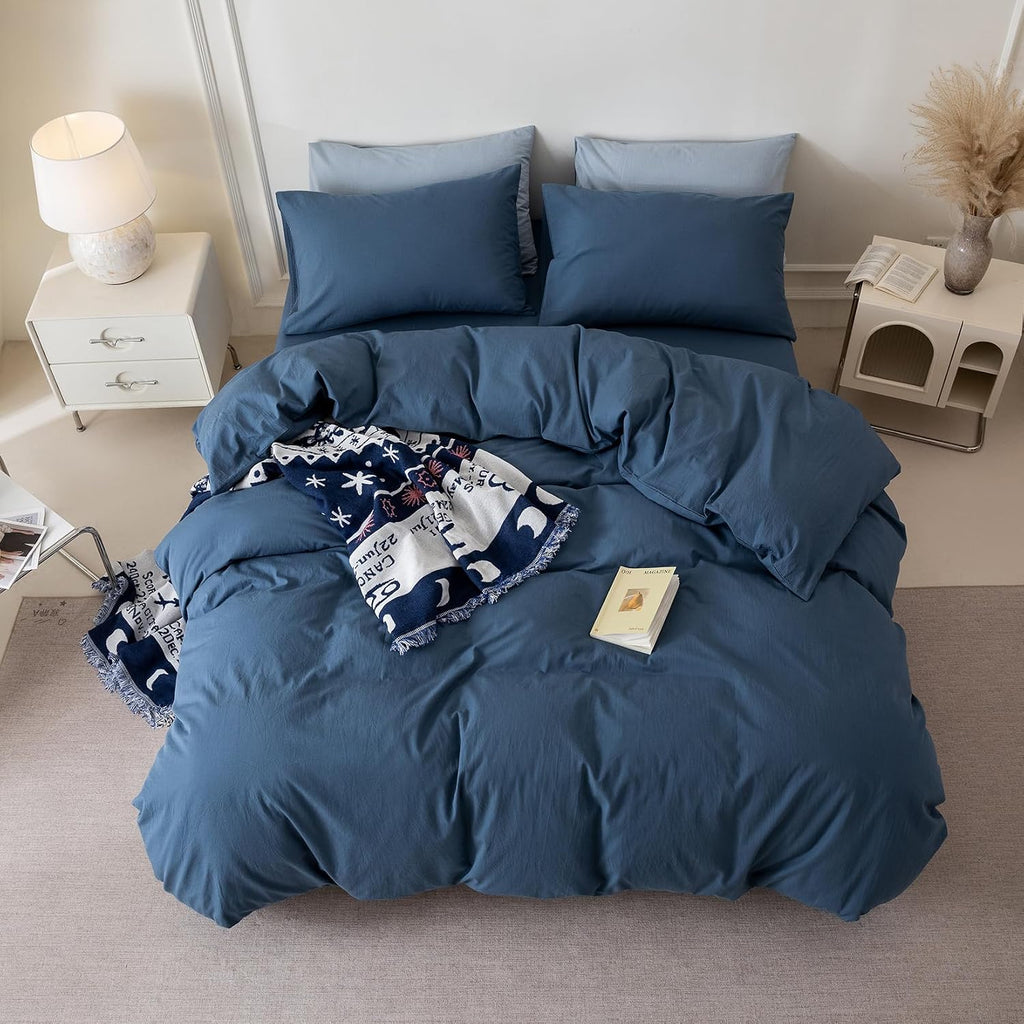 3 Pieces Gray Blue Duvet Cover Set Queen 90'' L 90'' W, 100% Washed Cotton Duvet Cover with Zipper Closure Plus 2