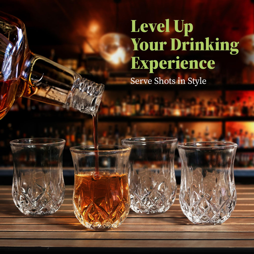 Shot Glass (Set of 6) - Elegant Diamond Patterned Shot Glasses 1.75 oz - Classic Whisky Vodka Tequila Sherry Brandy
