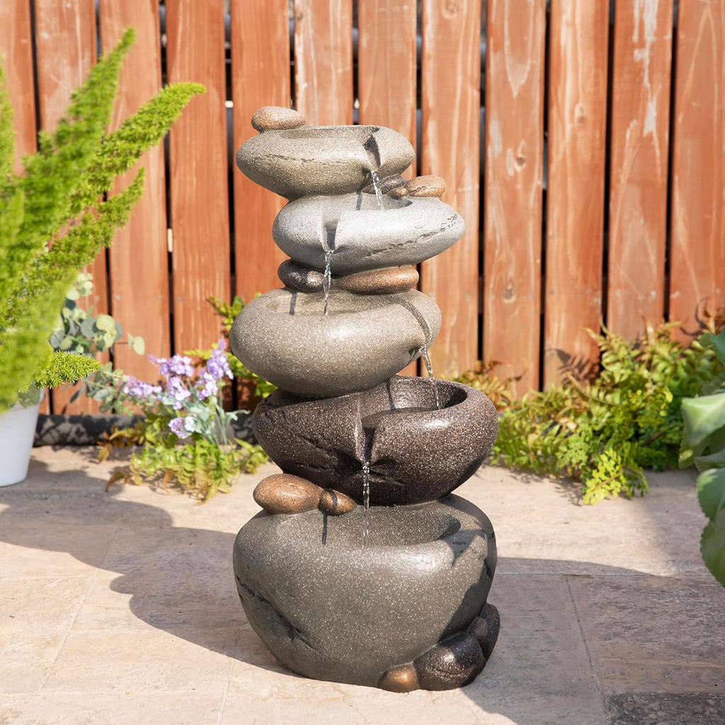 Water Fountain Outdoor, 5-Tiered Stacked Pebbles Outdoor Fountain with LED Lights and Pump, 24.5" H Zen Style