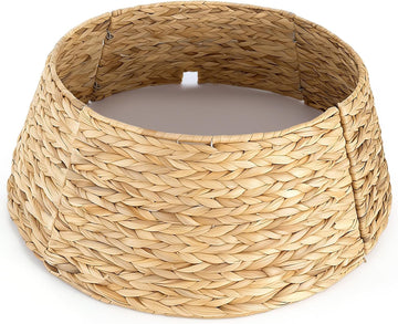 27" Hyacinth Christmas Tree Collar, Rustic Woven Rattan Tree Skirt Ring, 4 Piece Wicker Basket Base Cover with Cord