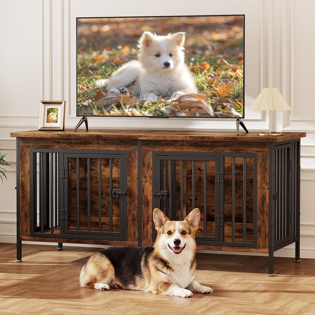 Dog Crate Furniture for 2 Dogs with Divider, Brown