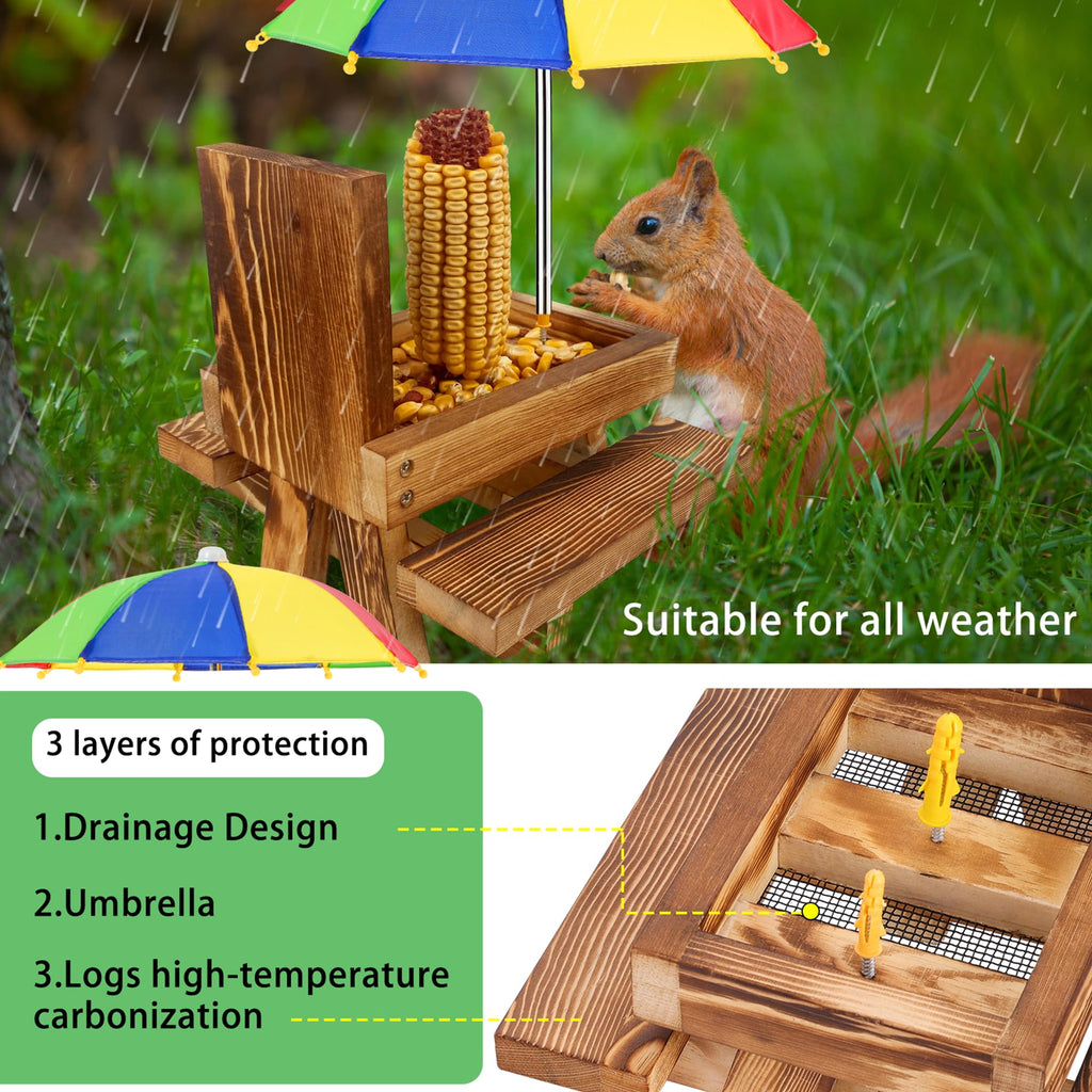 Squirrel Feeder Picnic Table with Tall Umbrella Set of 2, Wooden Squirrel Feeders for Outside, Cute Chipmunk Feeder