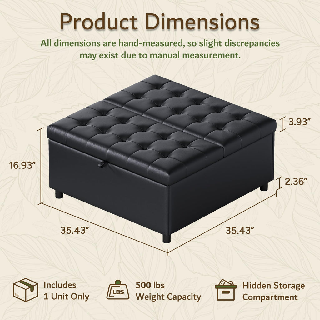 Black Leather 36 Inch Extra Large Lift Top Living Room Storage Ottoman