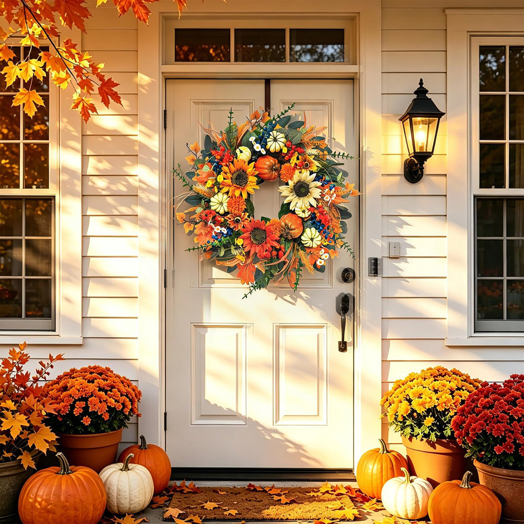 Fall Wreaths for Front Door 24", Fall Door Wreath with Sunflowers, Pumpkins